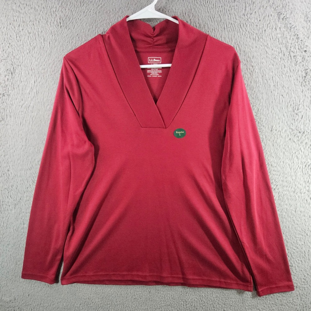 LL Bean Womens Red Supima Cotton Long Sleeve V-Neck Mock Neck Top‎ Large NEW